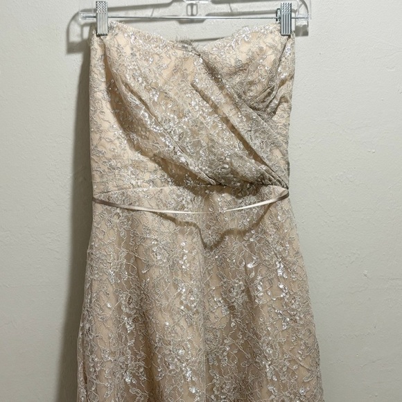 ALVINA VALENTA MAIDS Women’s Beige Silver Lace Overlay Strapless Formal Dress 14 - Picture 1 of 6
